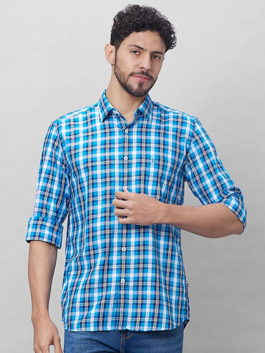 Parx Men Blue Checks Slim Fit Cotton Full Sleeve Shirts