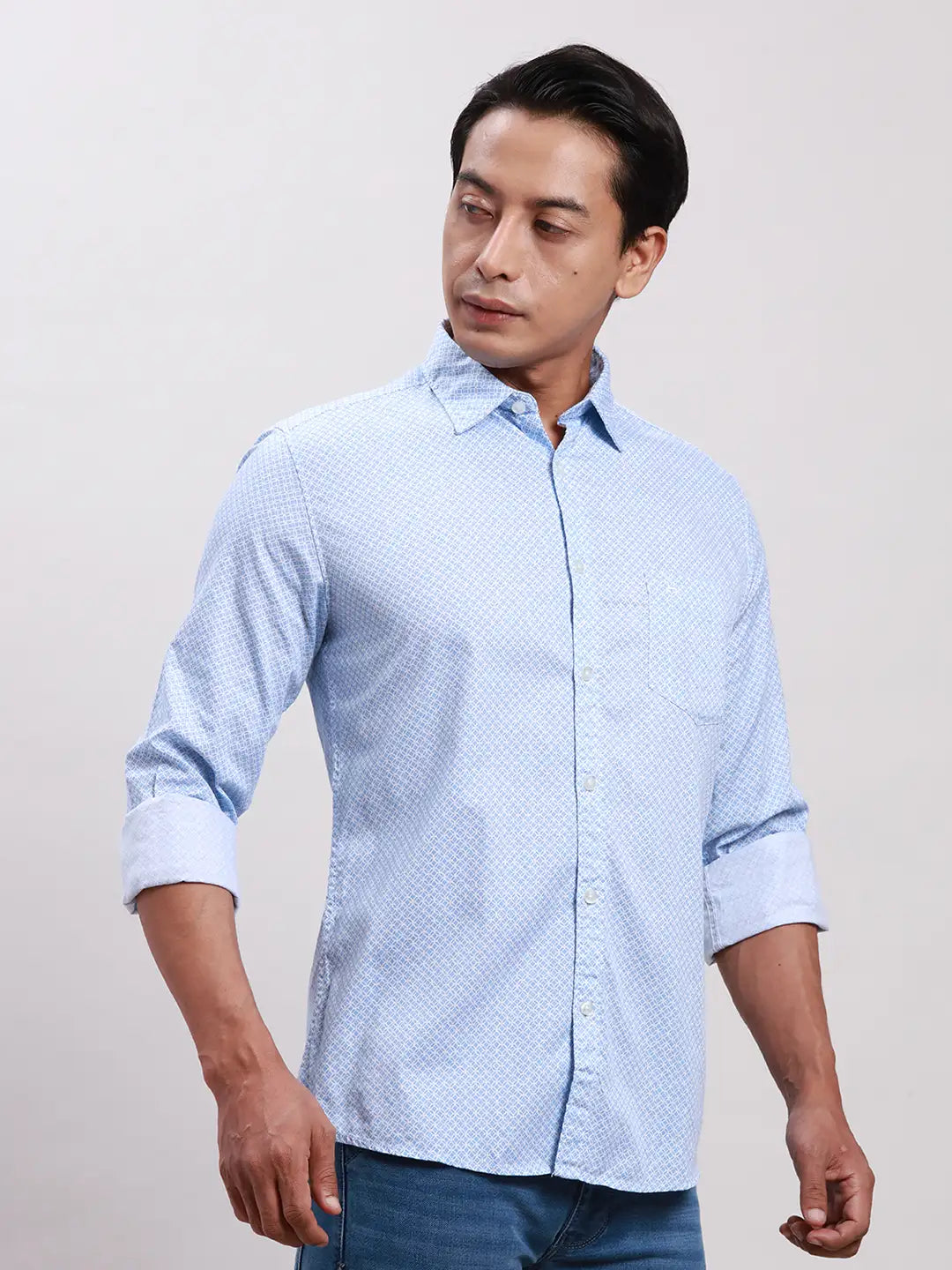 Parx Men Blue Slim Fit Solid Cotton Full Sleeve Cut Away Shirt
