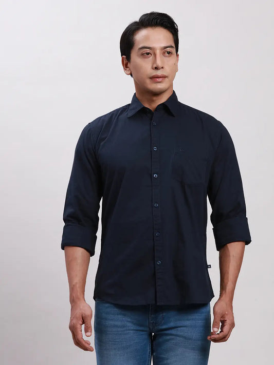 Parx Men Blue Slim Fit Solid Cotton Full Sleeve Cut Away Shirt