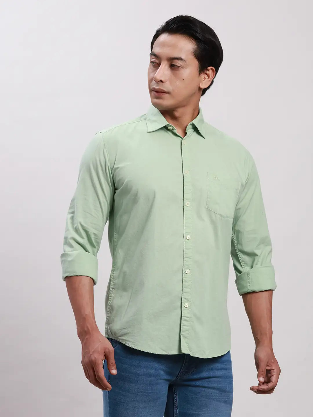 Parx Men Green Slim Fit Solid Cotton Full Sleeve Cutaway Collar Shirts