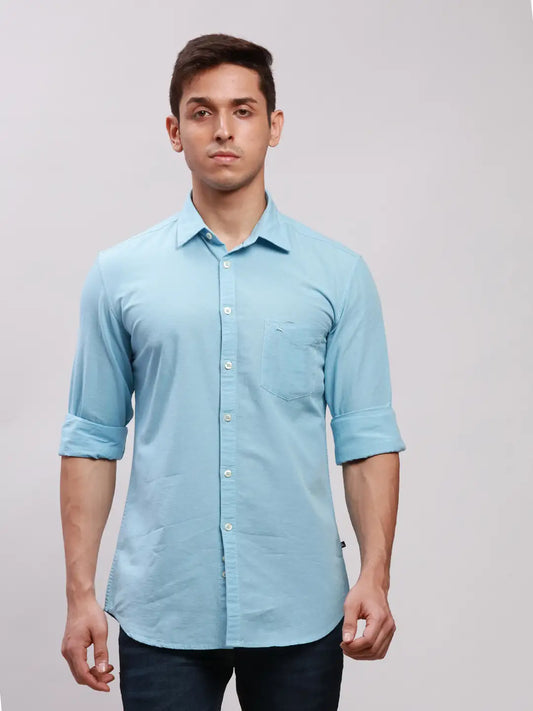 Parx Men Blue Slim Fit Solid Cotton Full Sleeve Cutaway Collar Shirts