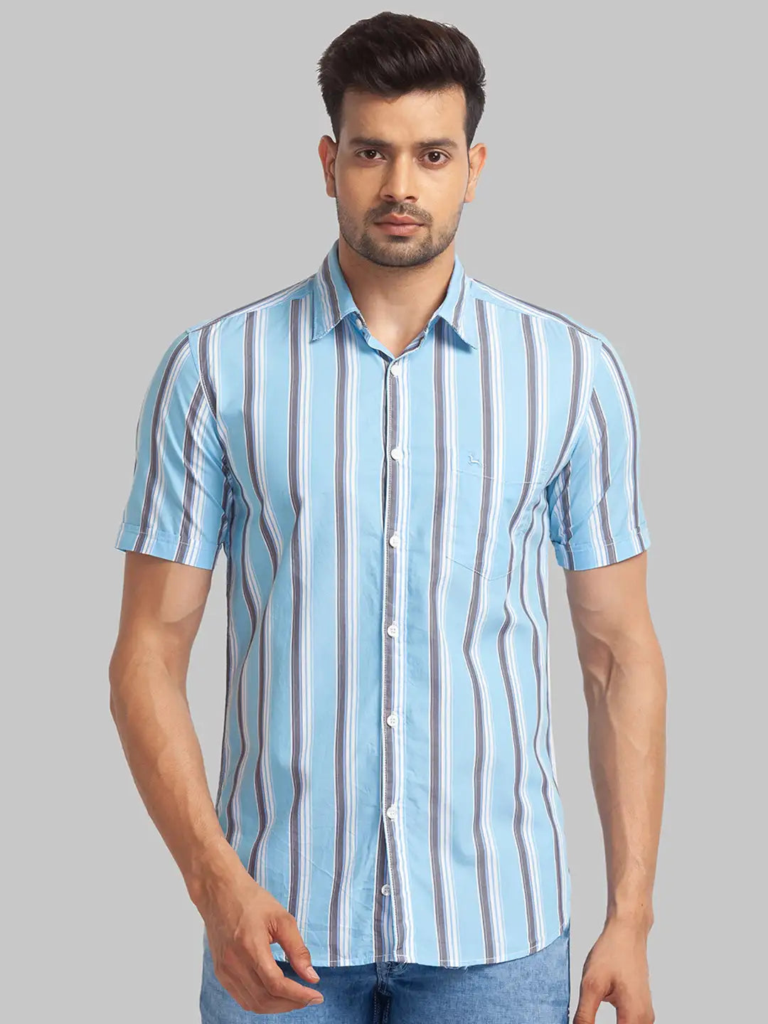 Parx Men Blue Printed Slim Fit Cotton Half Sleeve Cut Away Collar Shirt