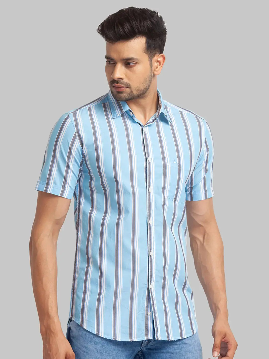 Parx Men Blue Printed Slim Fit Cotton Half Sleeve Cut Away Collar Shirt