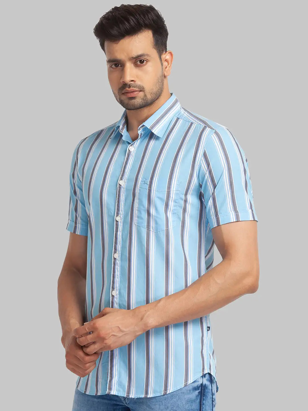 Parx Men Blue Printed Slim Fit Cotton Half Sleeve Cut Away Collar Shirt
