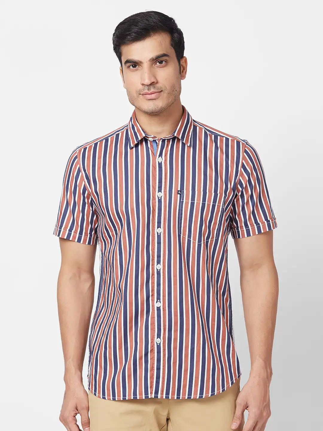 Parx Men Orange Solid Slim Fit Cotton Half Sleeve Cutaway Collar Shirt