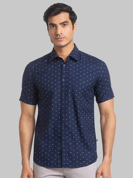 Parx Men Blue Solid Slim Fit Cotton Half Sleeve Shirts