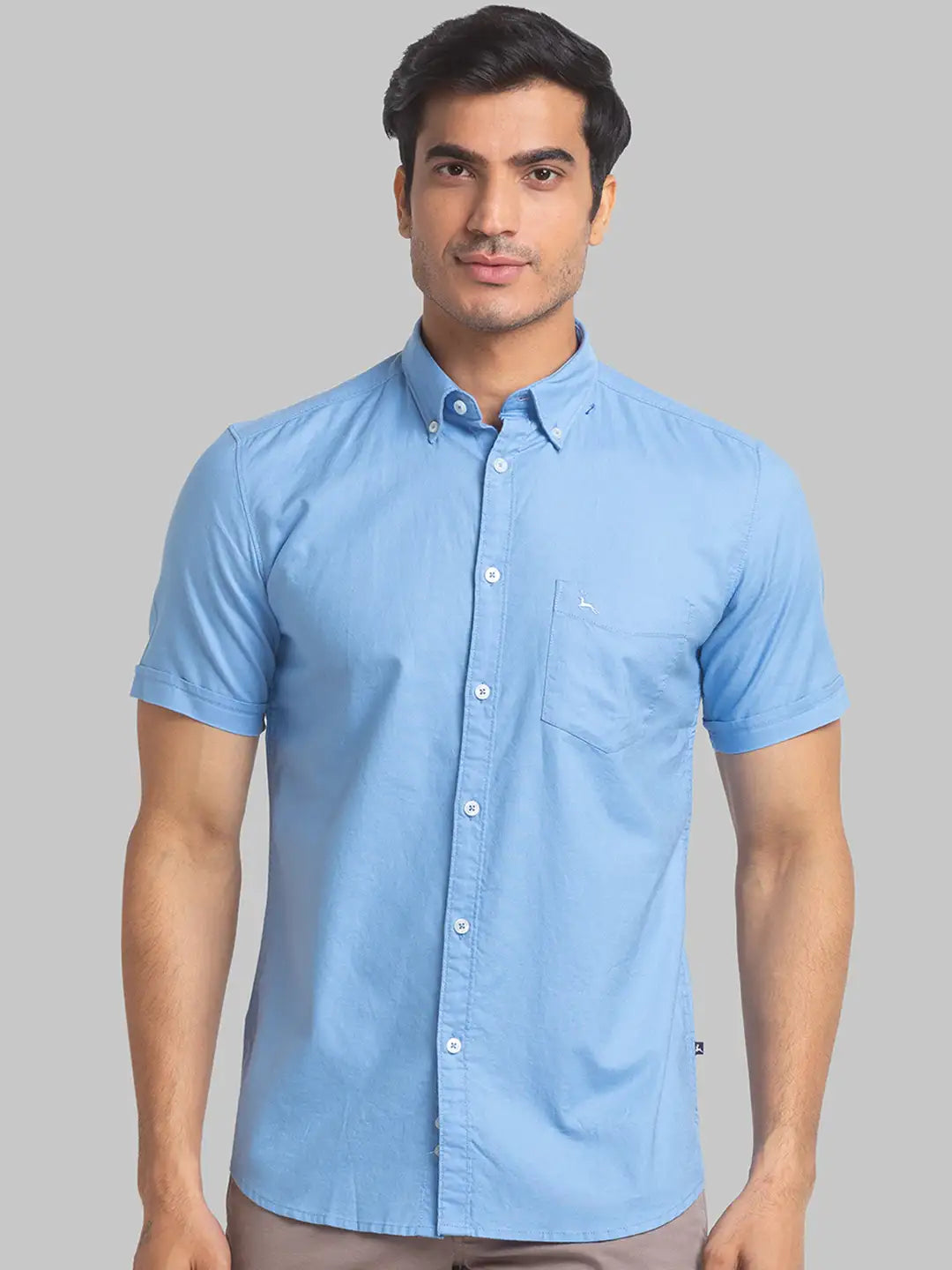 Parx Men Blue Solid Slim Fit Cotton Half Sleeve Shirts – MyRaymond