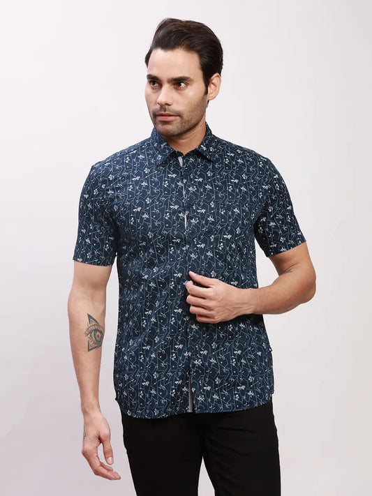 Parx Men Blue Print Slim Fit Cotton Half Sleeve Shirts