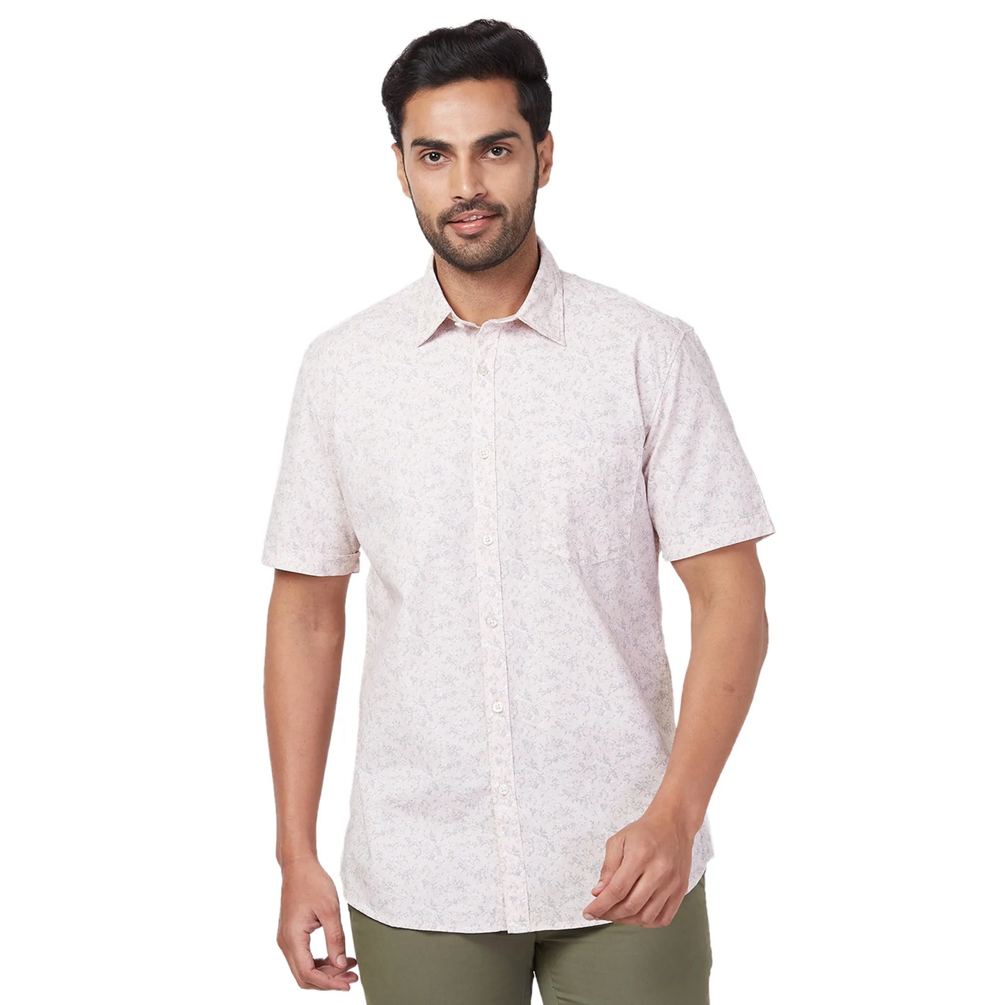 Parx Men Green Print Slim Fit Cotton Half Sleeve Cutaway Collar Shirt
