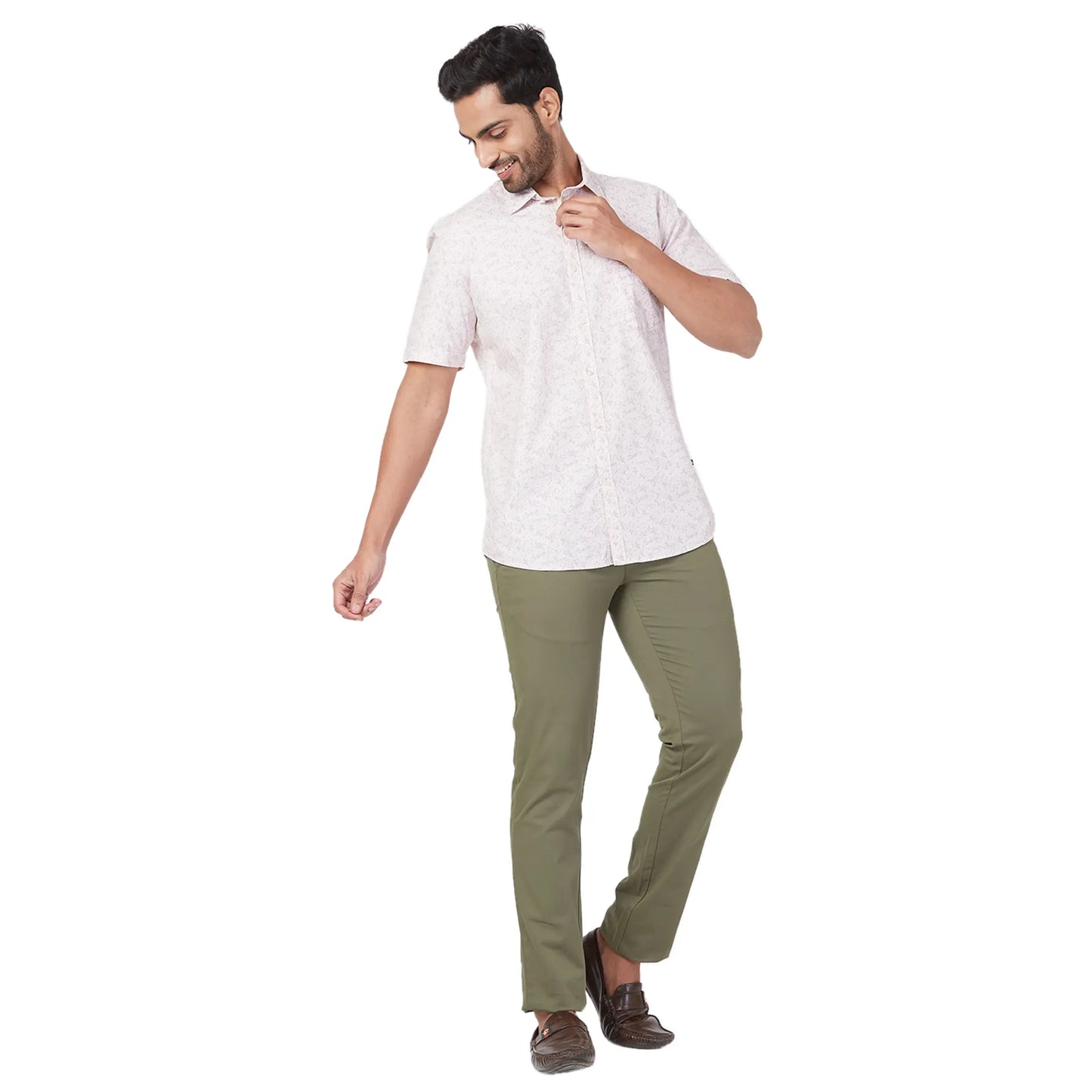 Parx Men Green Print Slim Fit Cotton Half Sleeve Cutaway Collar Shirt