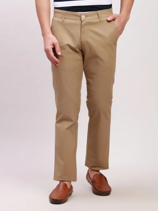 Parx Men Green Solid Low Rise Tapered Fit Cotton Blend Trousers