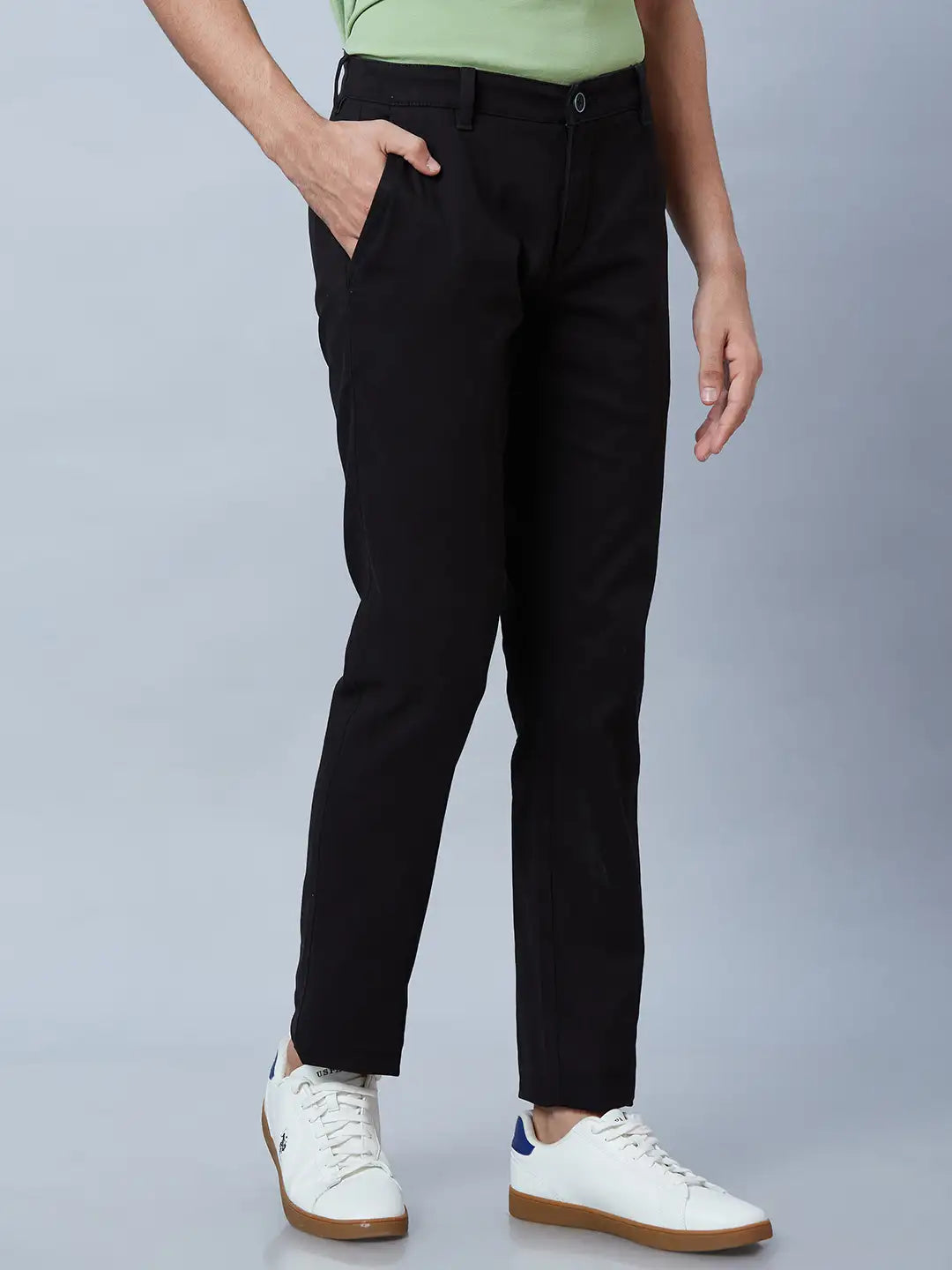 Parx Men Black Solid Low Rise Tapered Fit Cotton Blend Trouser MyRaymond