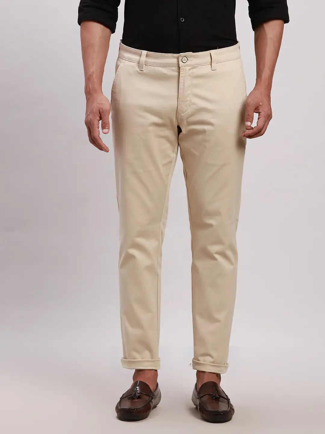 Parx Men Beige Tapered Fit Solid Cotton Spandex Trouser – MyRaymond