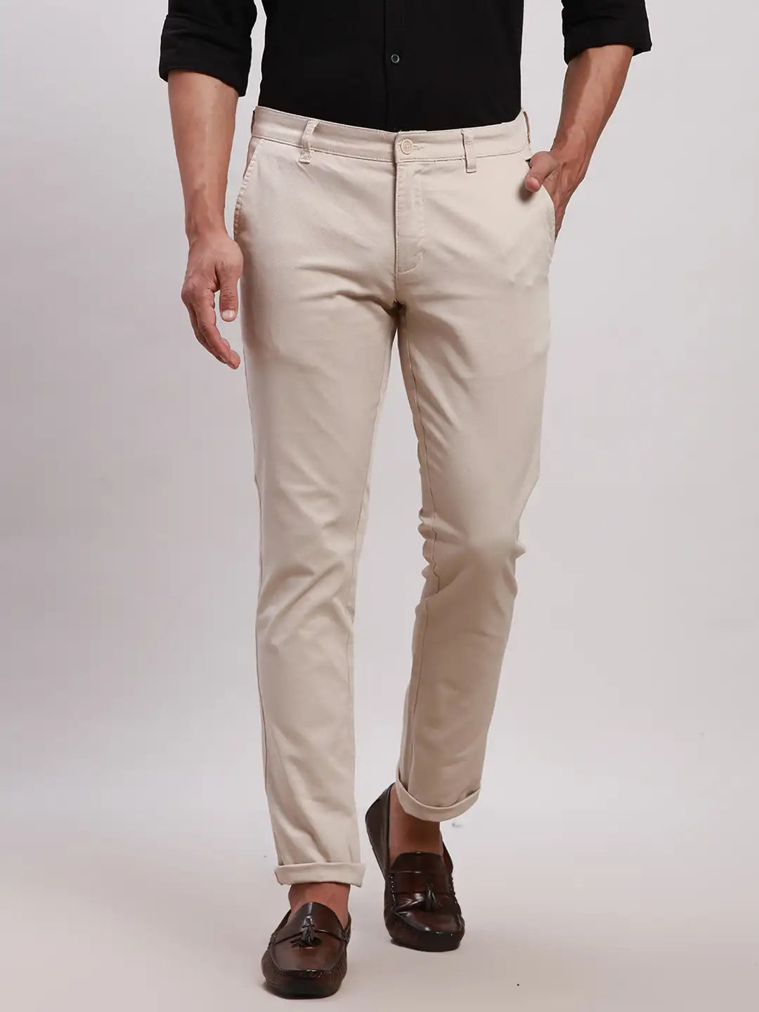 Parx Men Grey Tapered Fit Solid Cotton Spandex Trouser