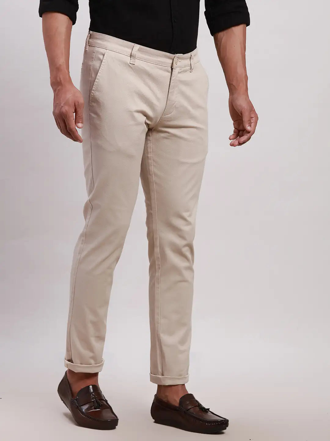 Parx Men Grey Tapered Fit Solid Cotton Spandex Trouser