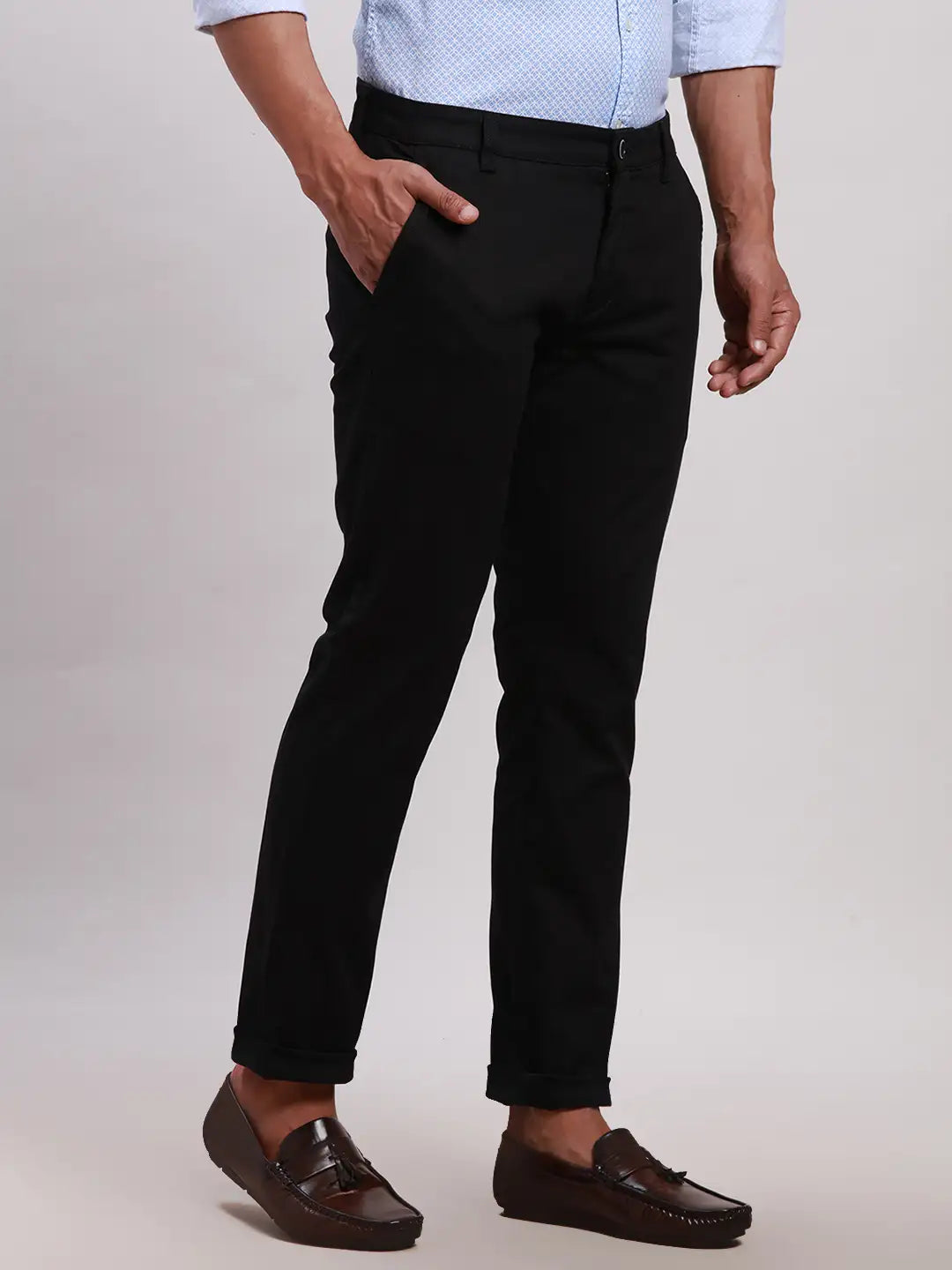 Parx Men Brown Tapered Fit Solid Cotton Spandex Trouser