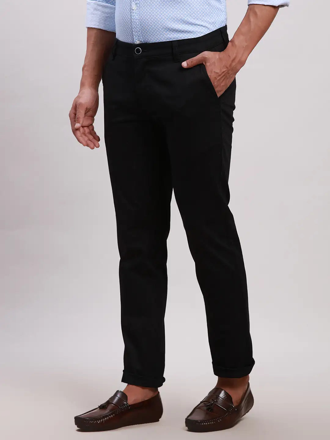 Parx Men Black Tapered Fit Solid Cotton Spandex Trouser MyRaymond