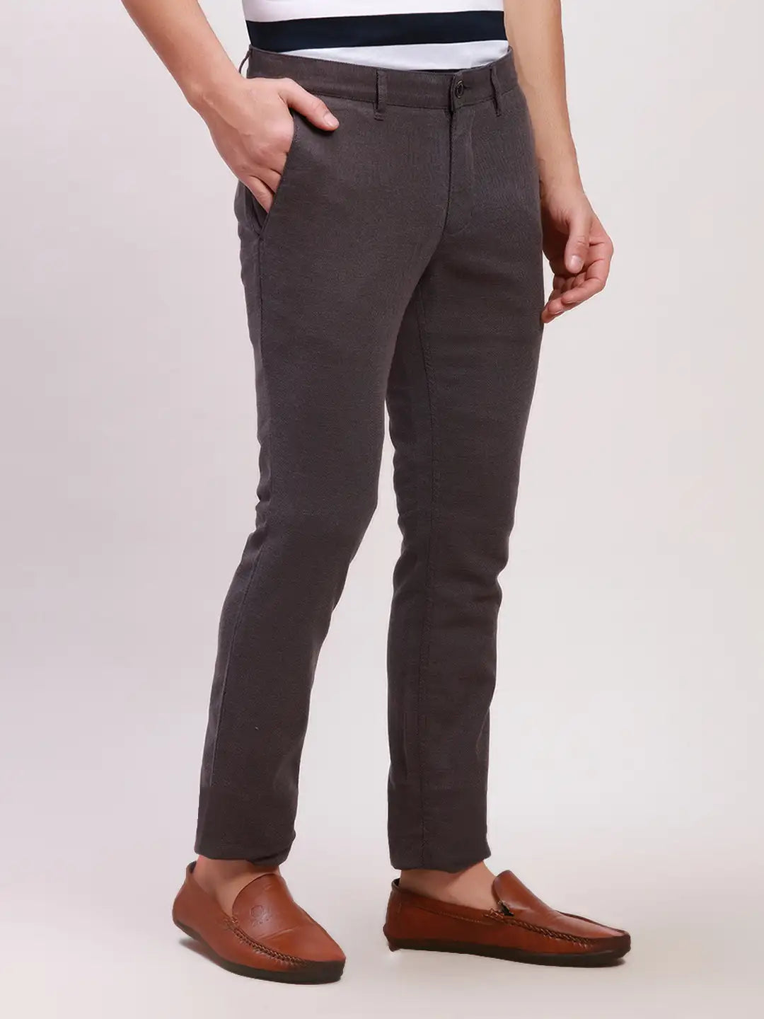 Parx Men Grey Print Super Slim Fit Cotton Blend Trousers