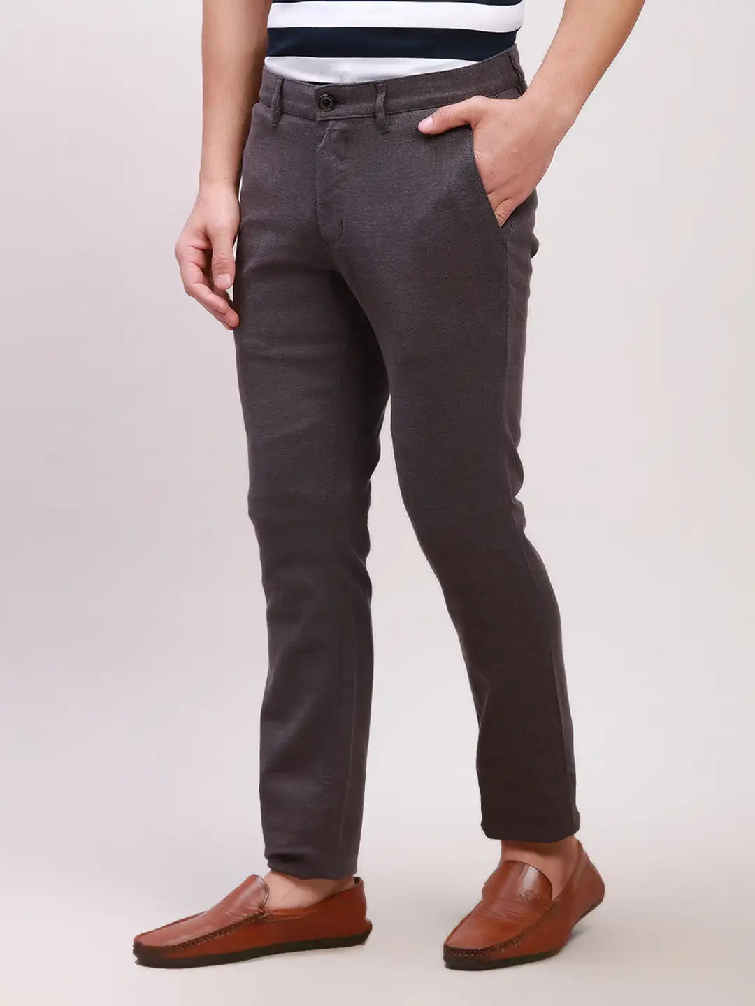 Parx Men Grey Print Super Slim Fit Cotton Blend Trousers