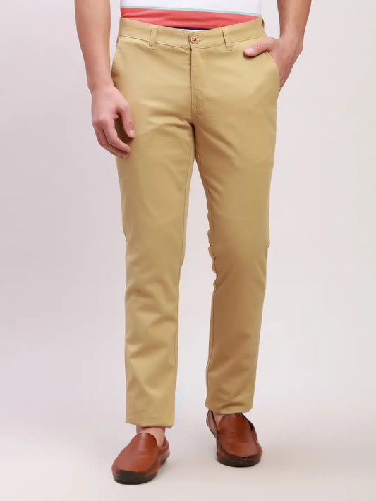 Parx Men Blue Solid Low Rise Tapered Fit Cotton Blend Trousers