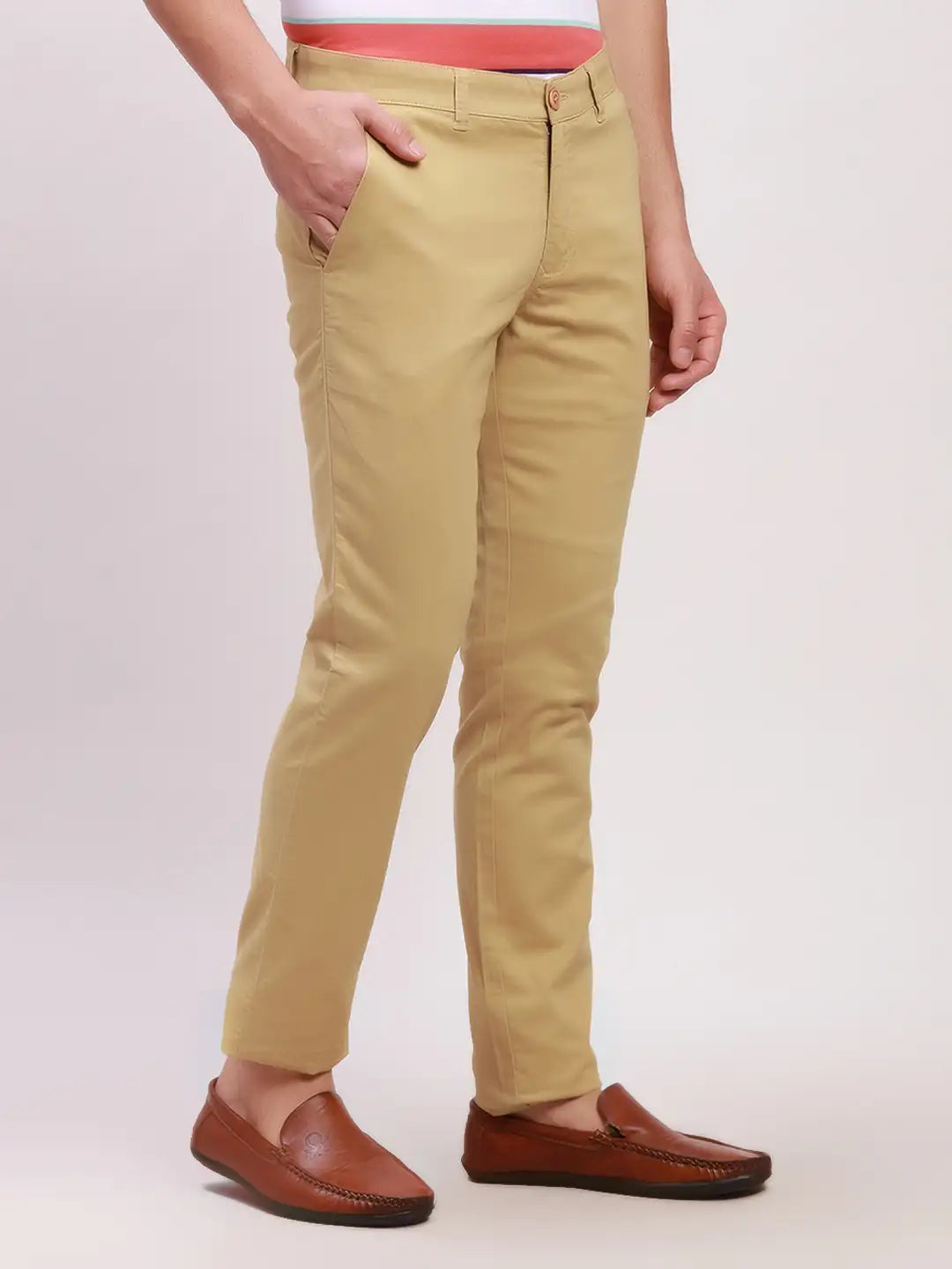 Parx Men Blue Solid Low Rise Tapered Fit Cotton Blend Trousers