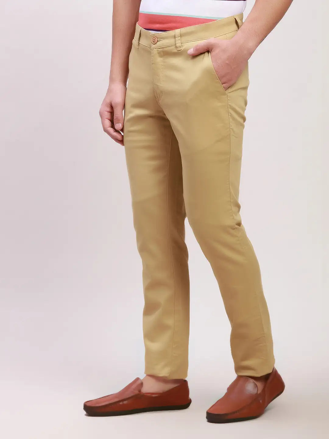 Parx Men Blue Solid Low Rise Tapered Fit Cotton Blend Trousers