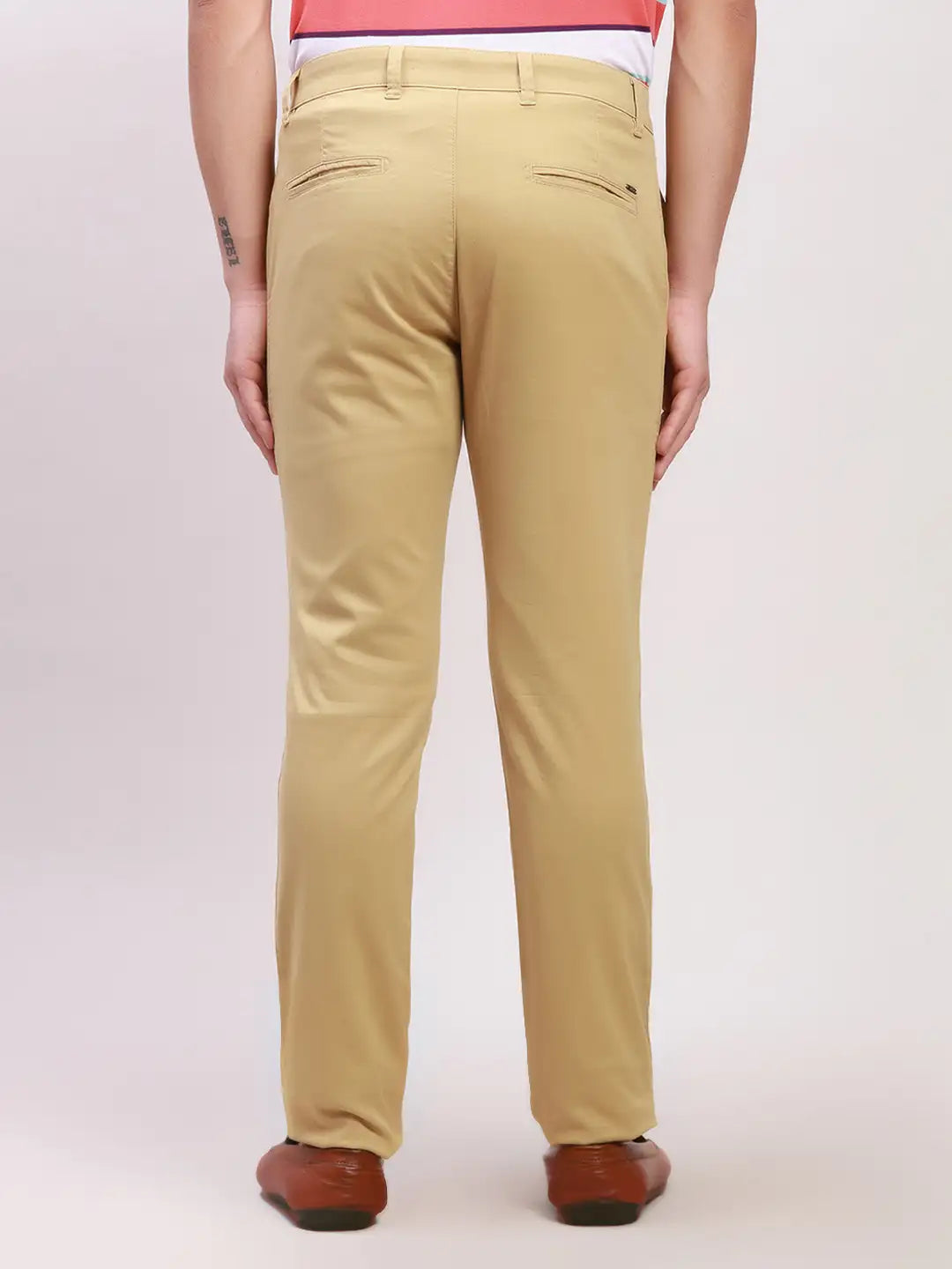 Parx Men Blue Solid Low Rise Tapered Fit Cotton Blend Trousers
