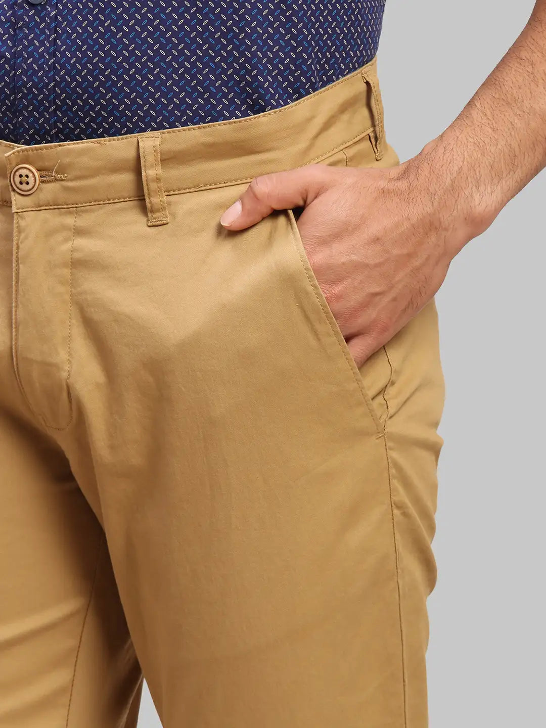 Parx Men Khaki Solid Low Rise Tapered Fit Cotton Blend Trouser – MyRaymond