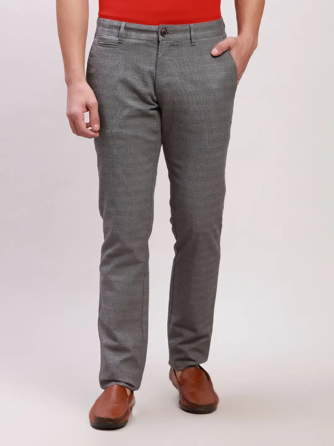 Parx Men Blue Solid Low Rise Tapered Fit Cotton Blend Trouser