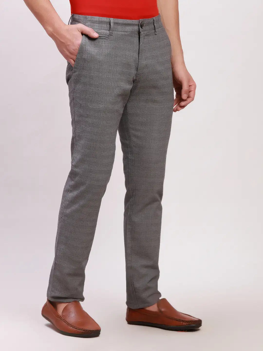 Parx Men Blue Solid Low Rise Tapered Fit Cotton Blend Trouser