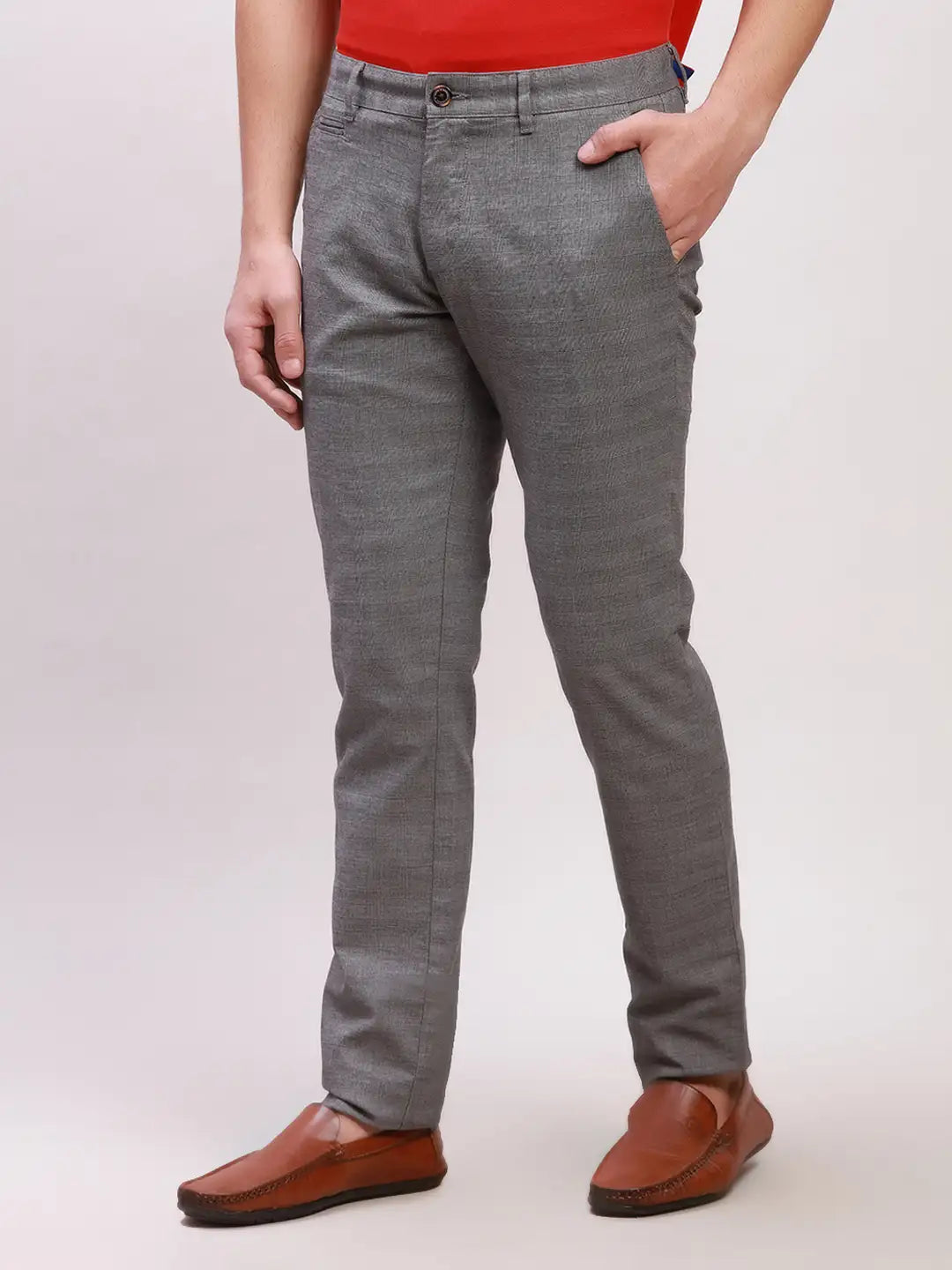 Parx Men Blue Solid Low Rise Tapered Fit Cotton Blend Trouser