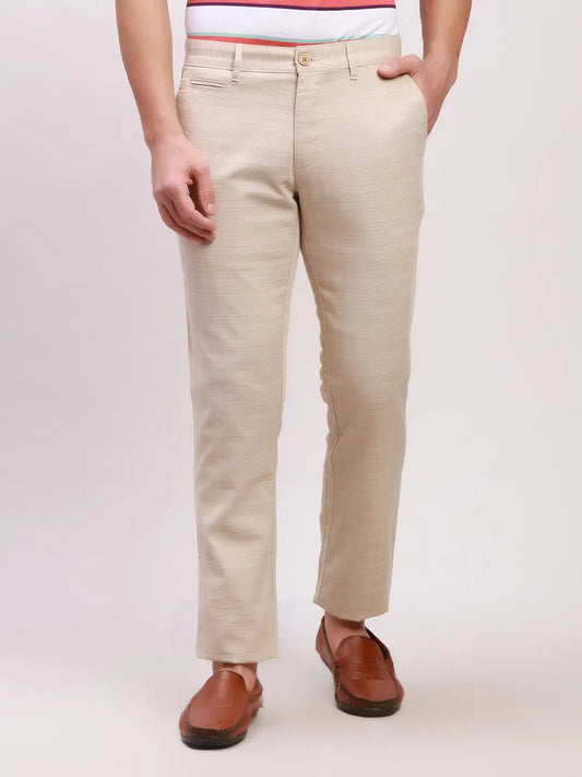 Parx Men Khaki Solid Lrt Fit Cotton Blend Trousers