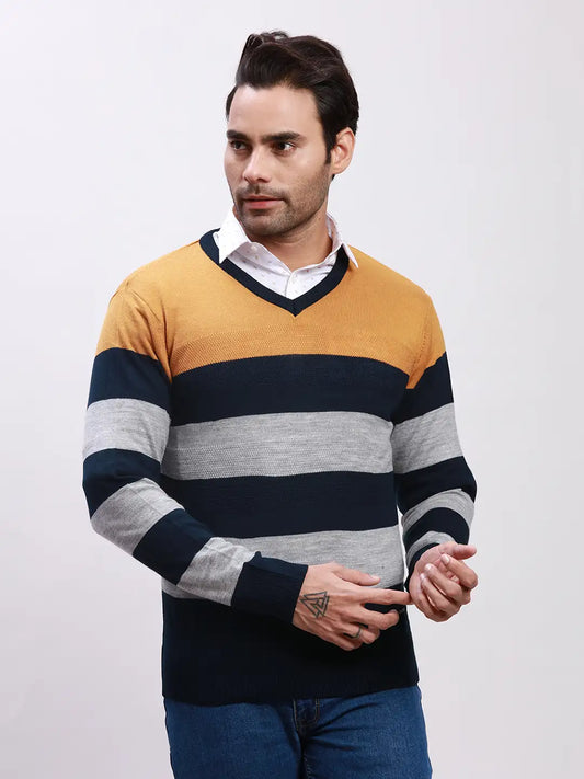 Parx Men Grey Solid Acrylic Full Sleeve V Neck Sweaters