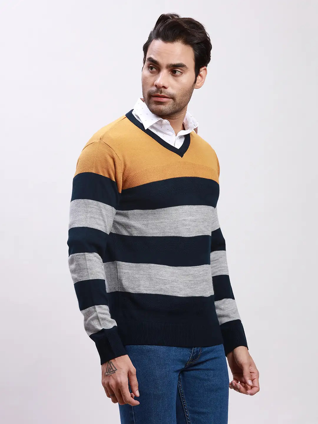 Parx Men Yellow Yarn Dyed Acrylic Full Sleeve V Neck Sweaters MyRaymond