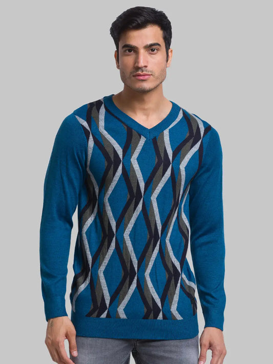 Men Regular Fit Blue Sweater