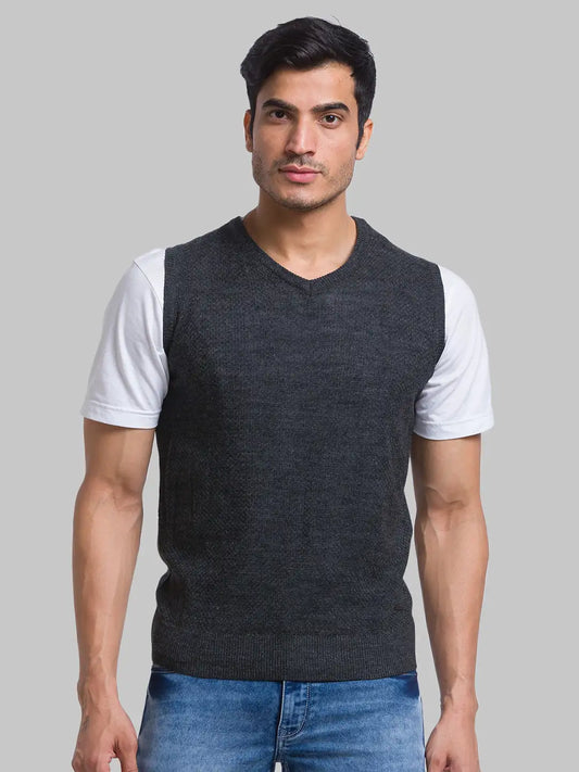 Parx Men Maroon Regular Fit Yarn Dyed Acrylic Sleeveless V Neck Sweater