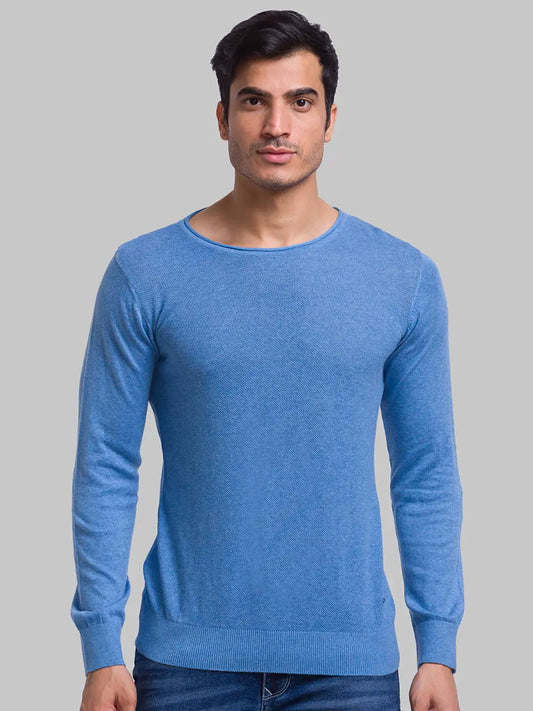 Men Regular Fit Blue Sweater
