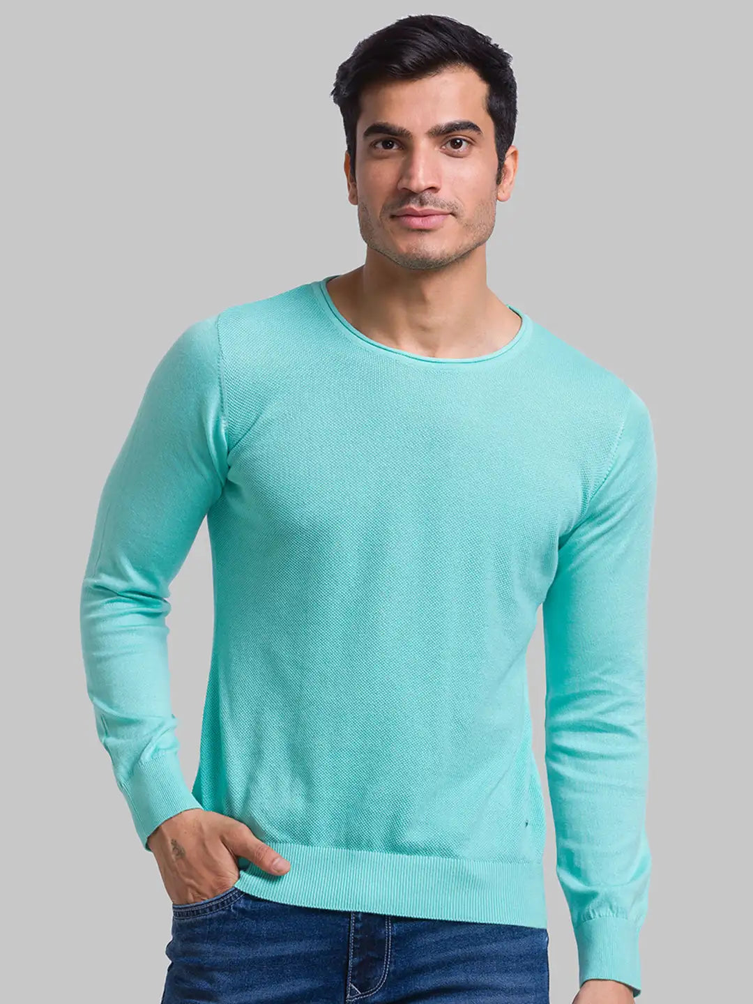 Men Regular Fit Blue Sweater
