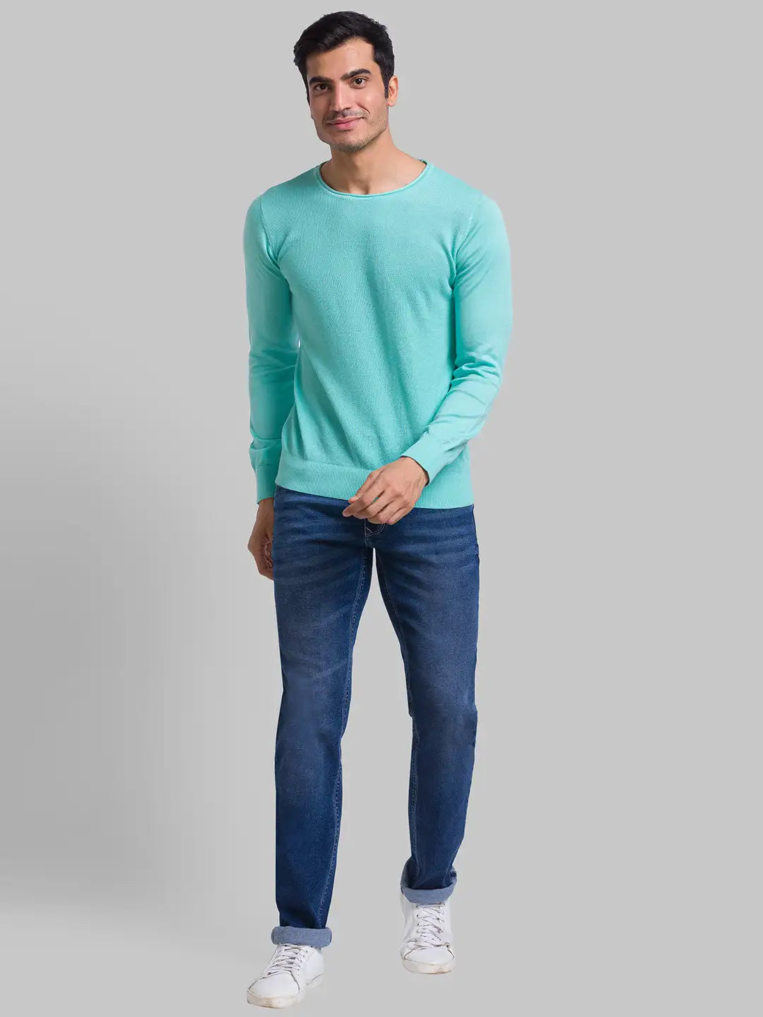 Men Regular Fit Blue Sweater
