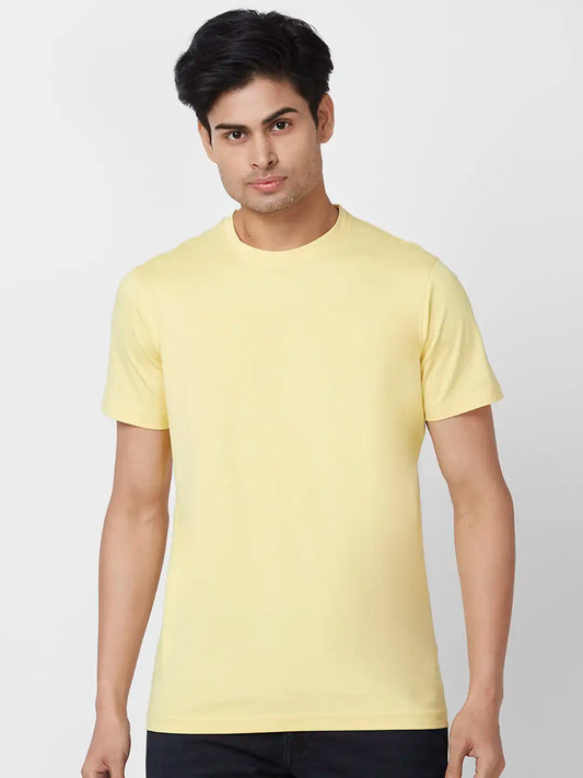 Tシャツ・カットソー ETMON Round Pintuck TShirt, Light Yellow Round Neck T-Shirt with Rolled Sleeve Cuffs and Subtle Logo
