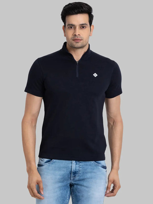 Men Blue Regular Fit Solid Cotton Blend T-Shirt