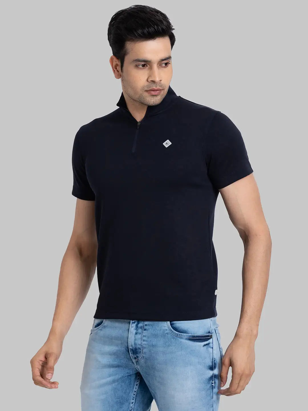 Men Blue Regular Fit Solid Cotton Blend T-Shirt