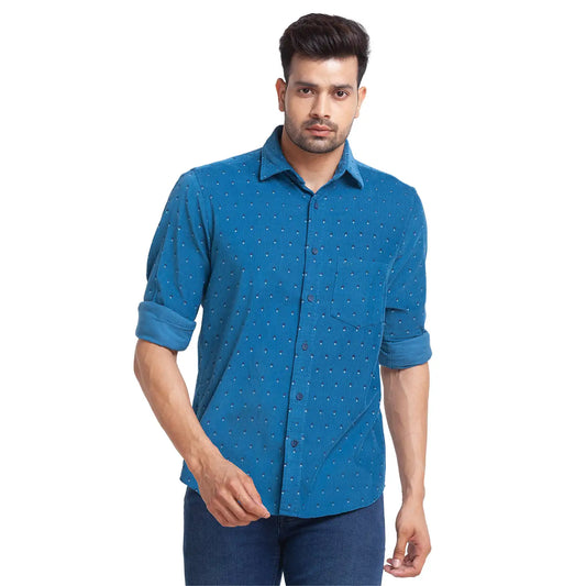 Men Blue Tailored Fit Print Cotton Full Sleeve Shirts