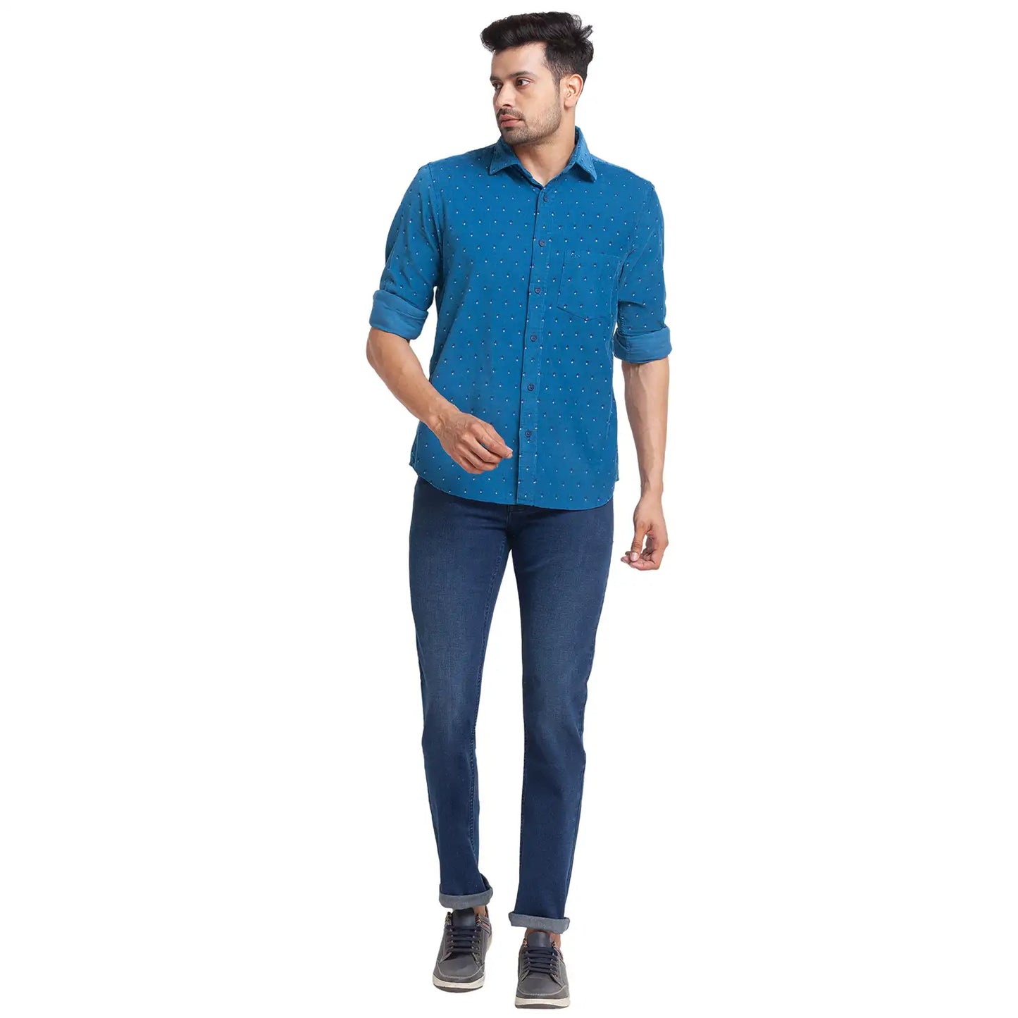 Men Blue Tailored Fit Print Cotton Full Sleeve Shirts