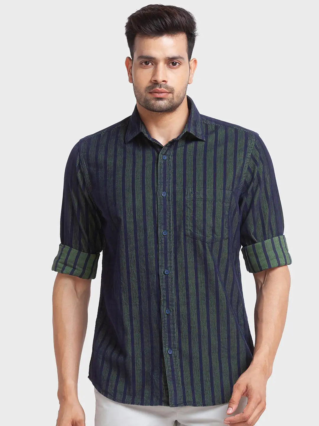 Men Green Tailored Fit Stripe Cotton Full Sleeve Shirts