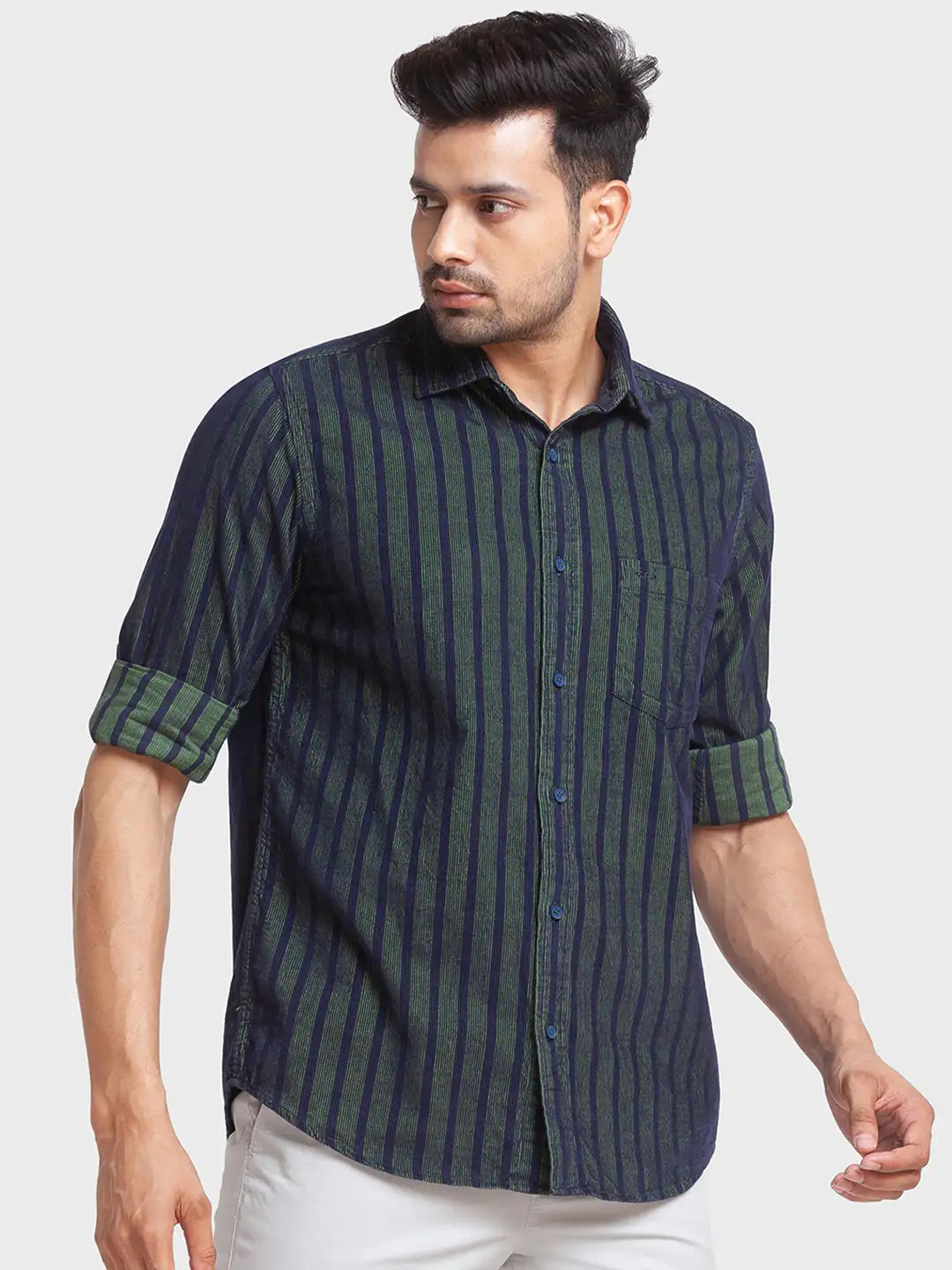 Men Green Tailored Fit Stripe Cotton Full Sleeve Shirts