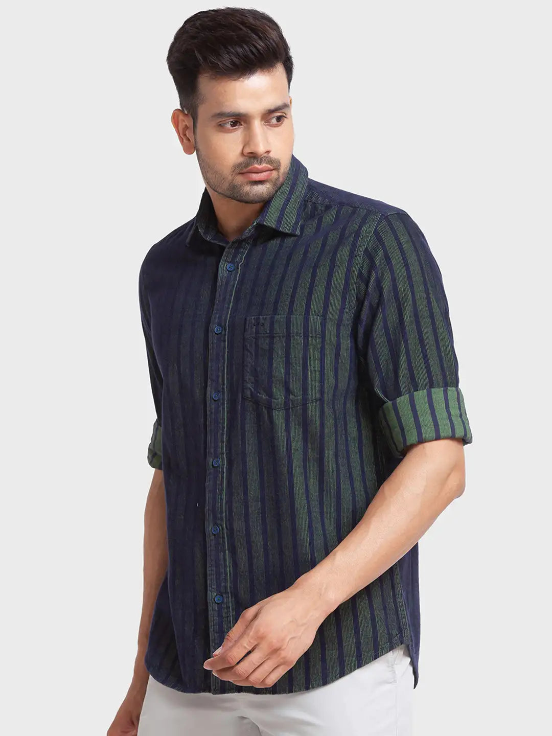 Men Green Tailored Fit Stripe Cotton Full Sleeve Shirts