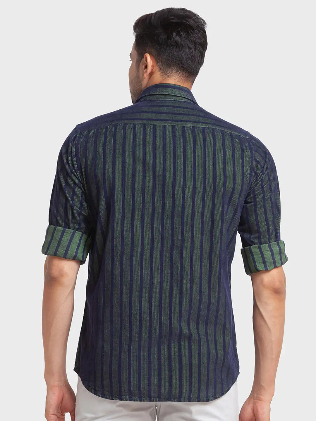 Men Green Tailored Fit Stripe Cotton Full Sleeve Shirts