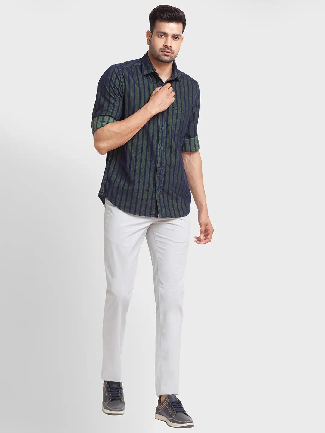 Men Green Tailored Fit Stripe Cotton Full Sleeve Shirts