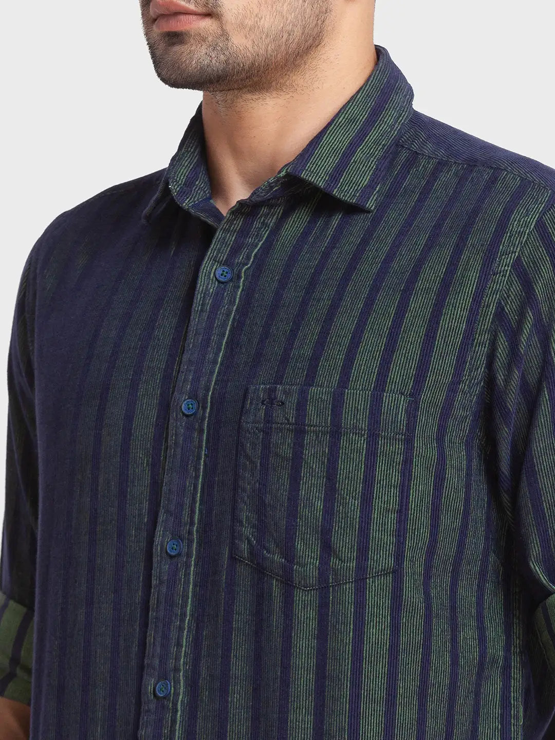 Men Green Tailored Fit Stripe Cotton Full Sleeve Shirts